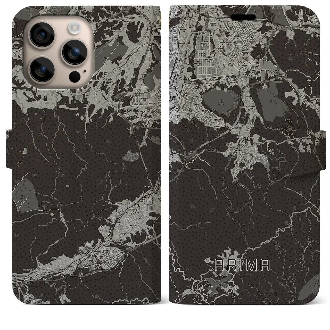 【有馬(兵庫県)】地図柄iPhoneケース(手帳タイプ)モノトーン・iPhone 16 Plus 用