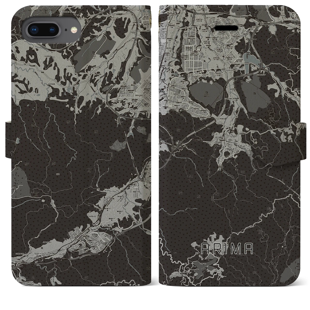 【有馬(兵庫県)】地図柄iPhoneケース(手帳タイプ)モノトーン・iPhone 8Plus /7Plus / 6sPlus / 6Plus 用