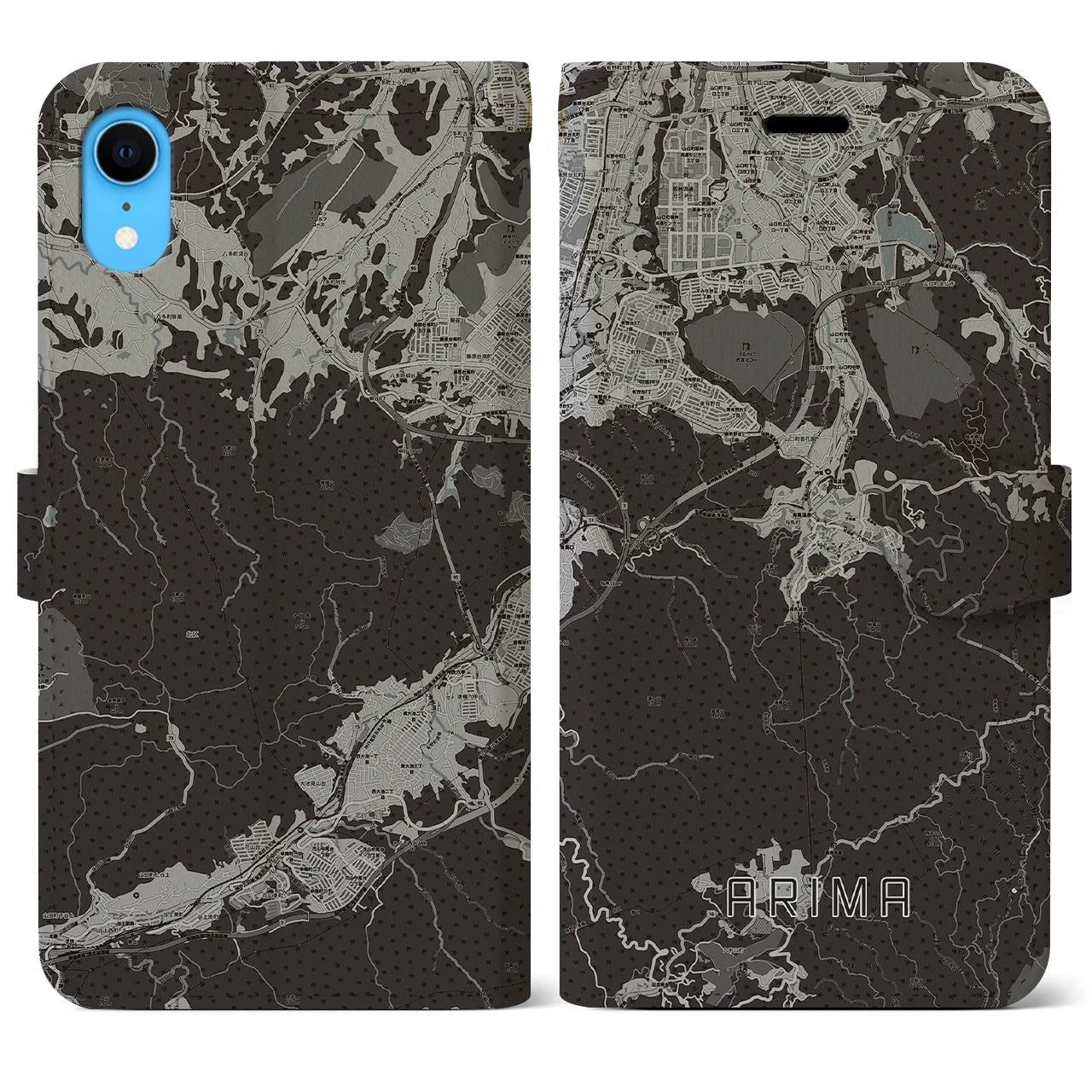 【有馬(兵庫県)】地図柄iPhoneケース(手帳タイプ)モノトーン・iPhone XR 用