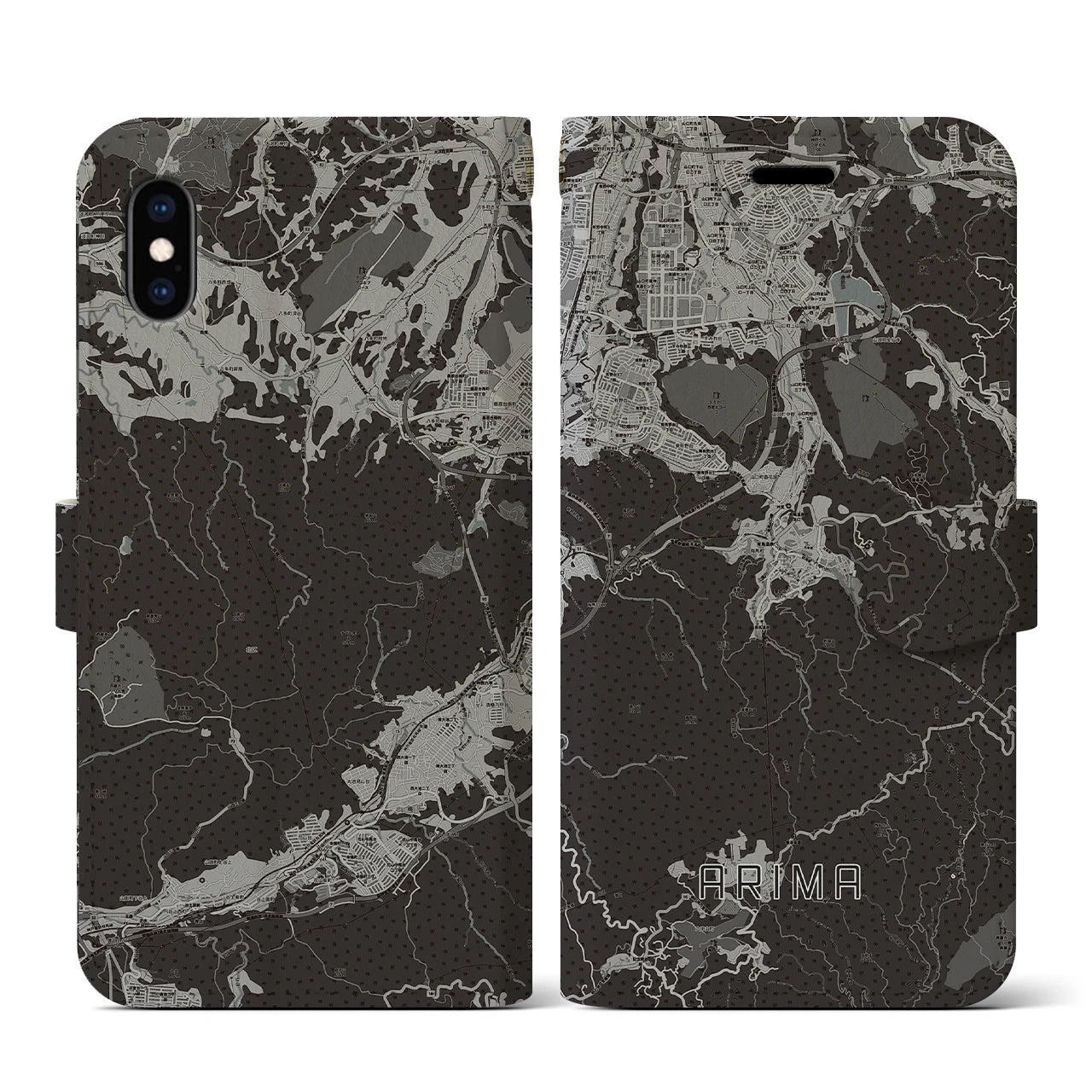 【有馬(兵庫県)】地図柄iPhoneケース(手帳タイプ)モノトーン・iPhone XS / X 用