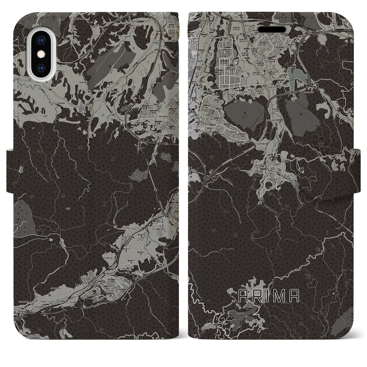 【有馬(兵庫県)】地図柄iPhoneケース(手帳タイプ)モノトーン・iPhone XS Max 用