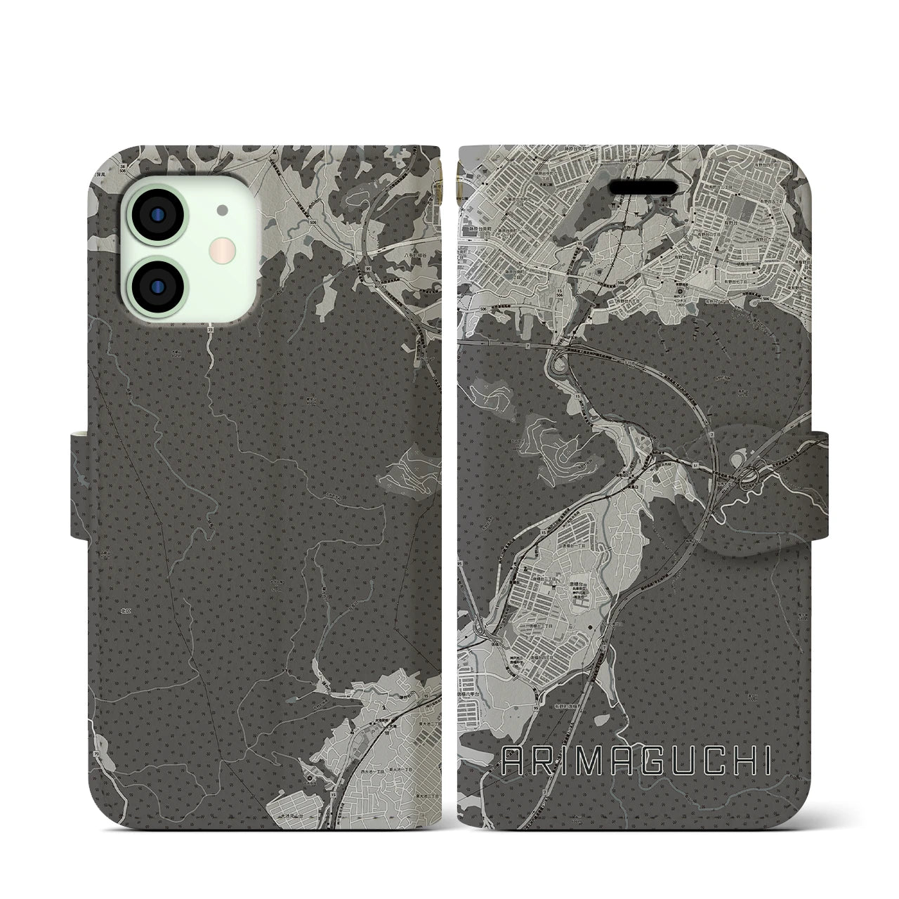 【有馬口(兵庫県)】地図柄iPhoneケース(手帳タイプ)モノトーン・iPhone 12 mini 用