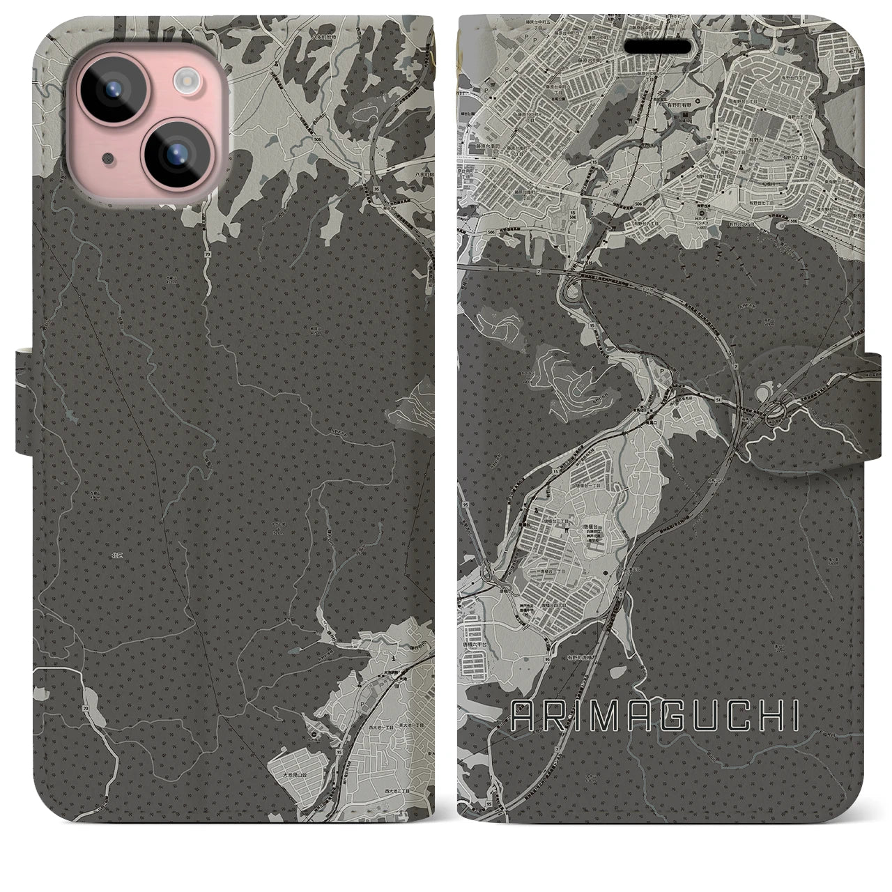 【有馬口(兵庫県)】地図柄iPhoneケース(手帳タイプ)モノトーン・iPhone 15 Plus 用