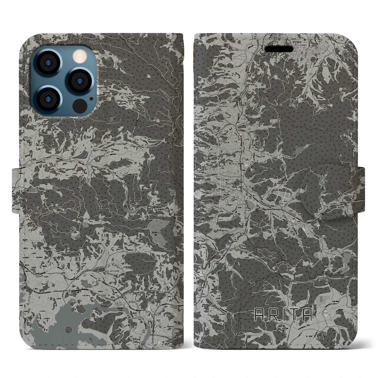 【有田(佐賀県)】地図柄iPhoneケース(手帳タイプ)モノトーン・iPhone 12 / 12 Pro 用