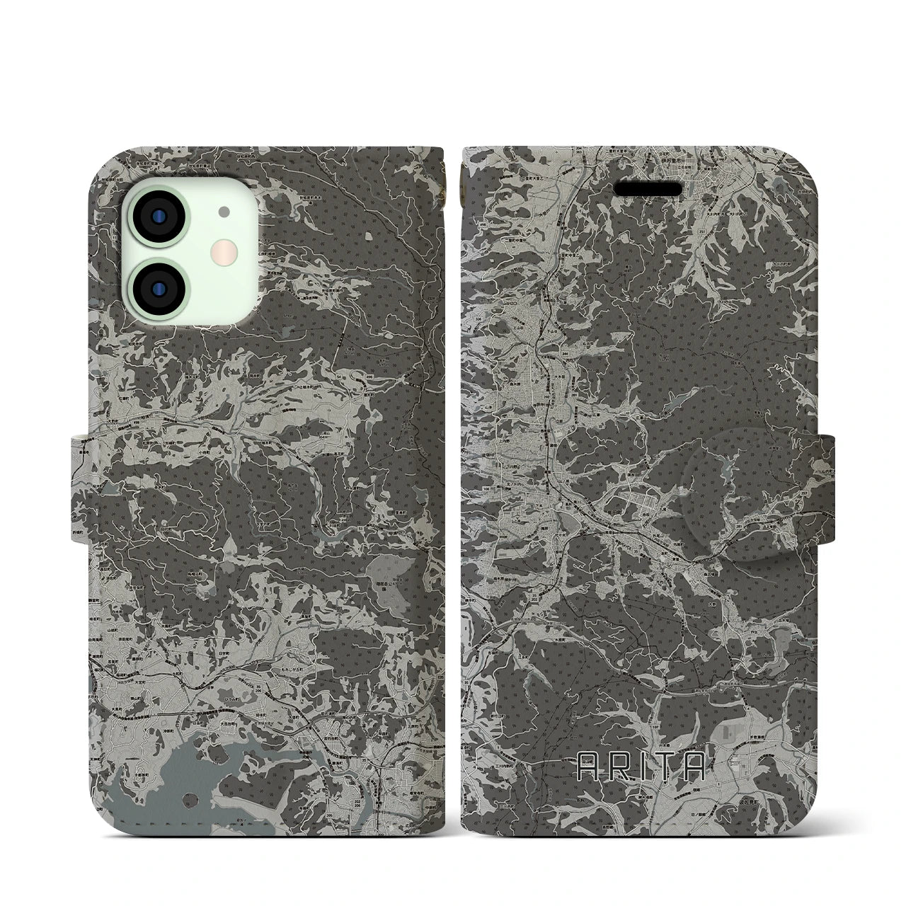 【有田(佐賀県)】地図柄iPhoneケース(手帳タイプ)モノトーン・iPhone 12 mini 用