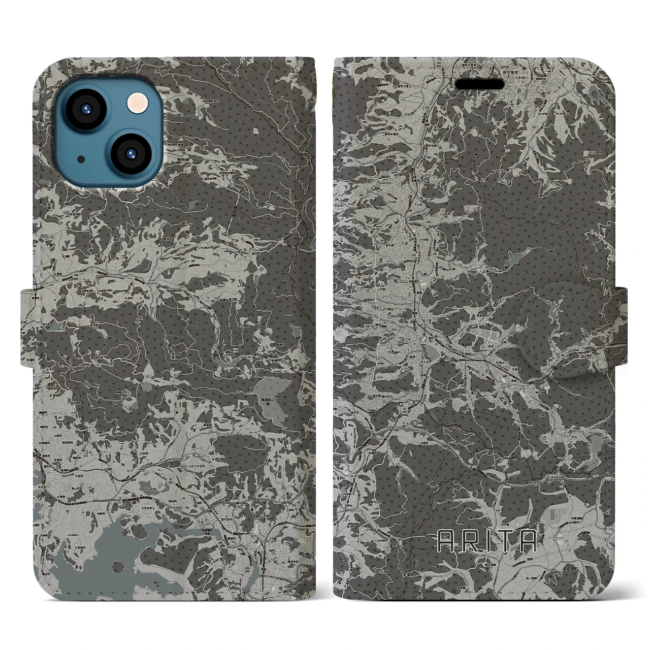 【有田(佐賀県)】地図柄iPhoneケース(手帳タイプ)モノトーン・iPhone 13 用