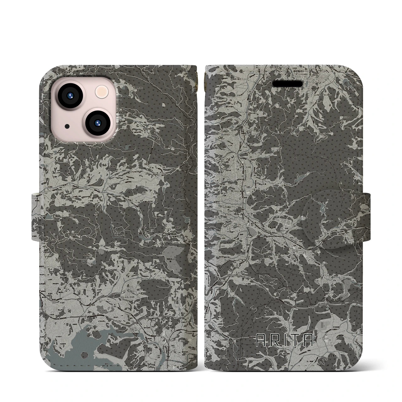 【有田(佐賀県)】地図柄iPhoneケース(手帳タイプ)モノトーン・iPhone 13 mini 用