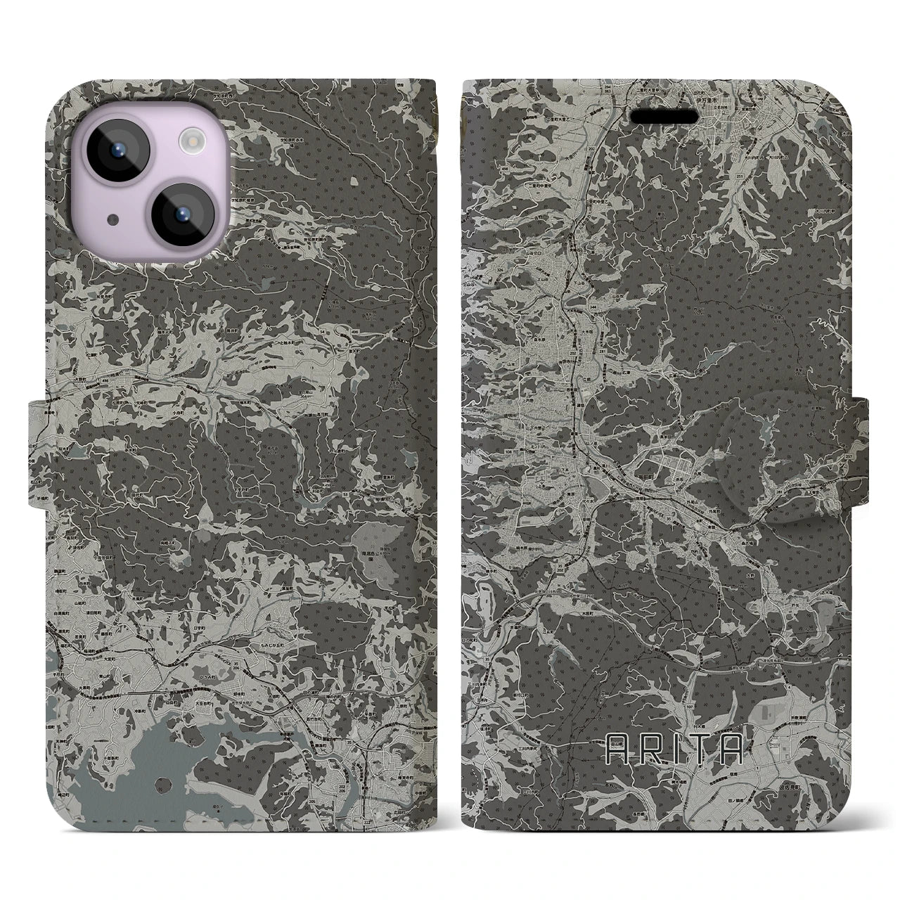 【有田(佐賀県)】地図柄iPhoneケース(手帳タイプ)モノトーン・iPhone 14 用