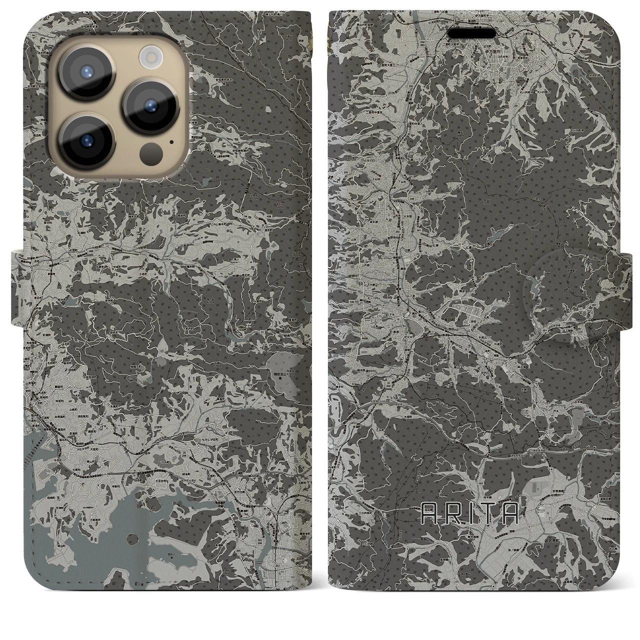 【有田(佐賀県)】地図柄iPhoneケース(手帳タイプ)モノトーン・iPhone 14 Pro Max 用
