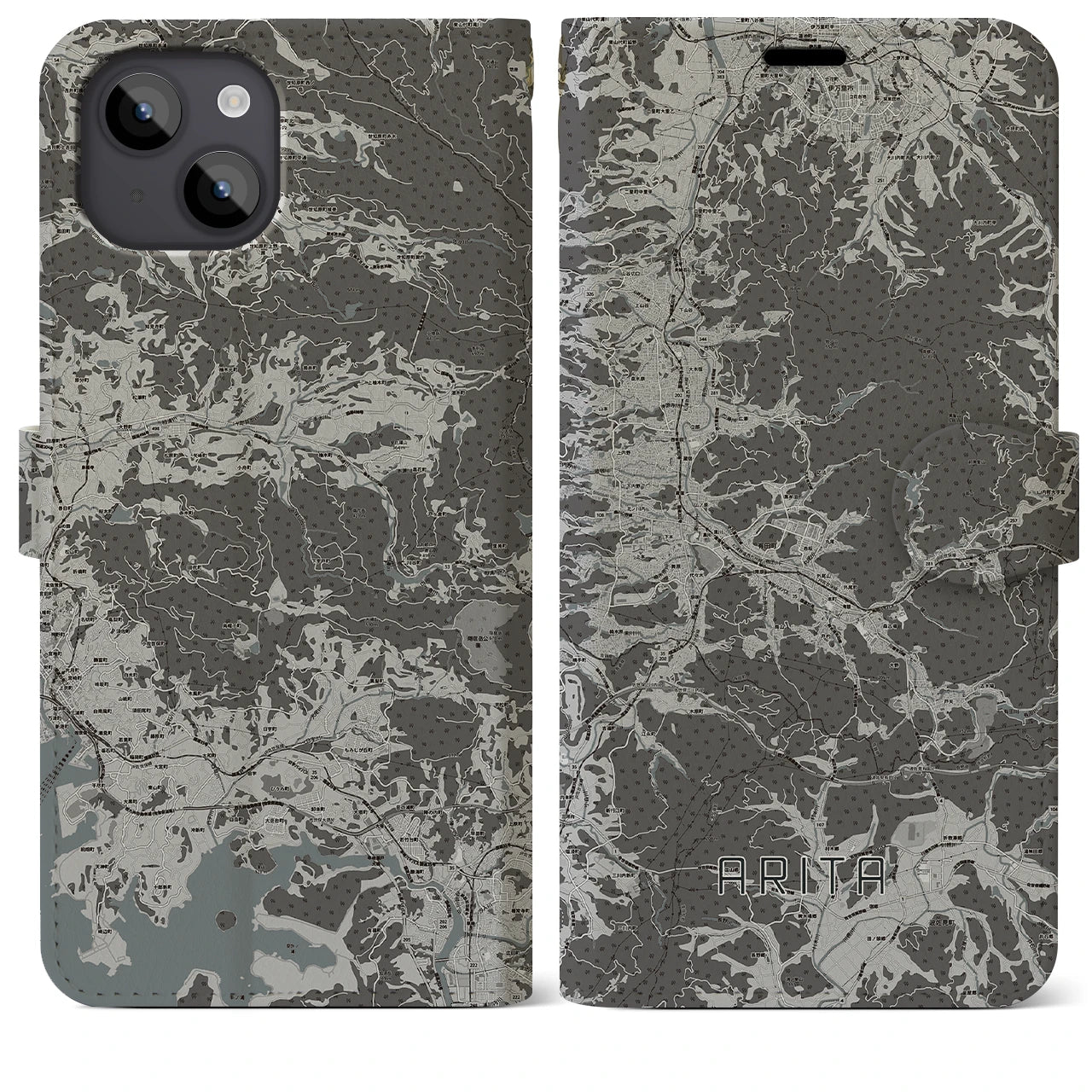 【有田(佐賀県)】地図柄iPhoneケース(手帳タイプ)モノトーン・iPhone 14 Plus 用
