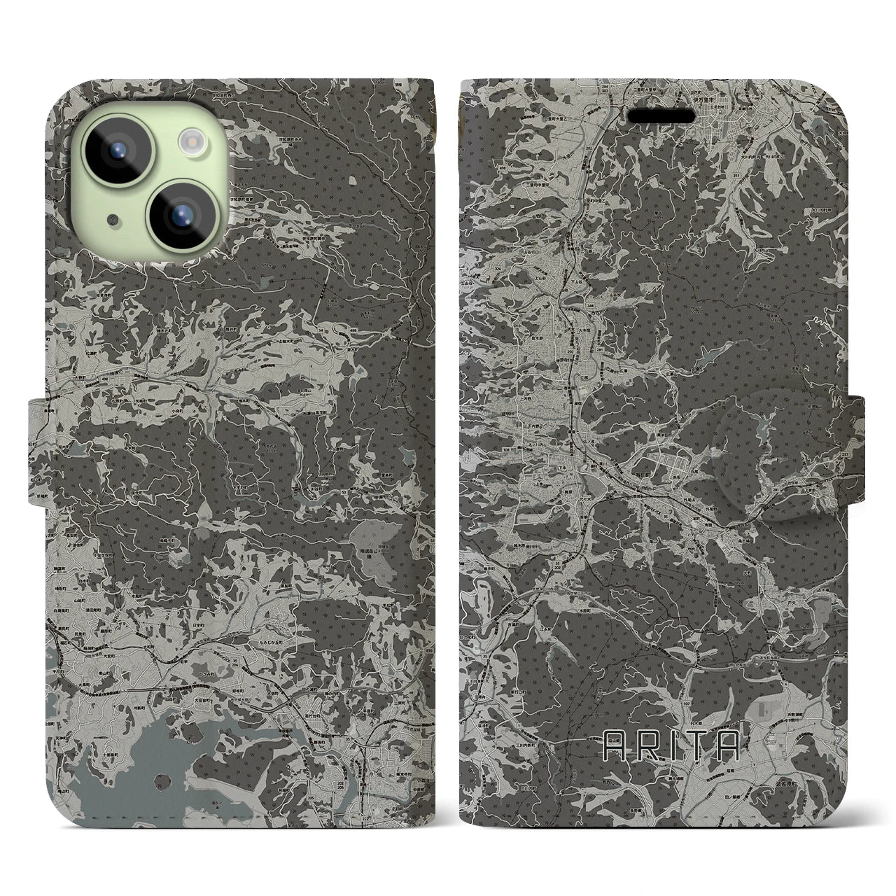 【有田(佐賀県)】地図柄iPhoneケース(手帳タイプ)モノトーン・iPhone 15 用