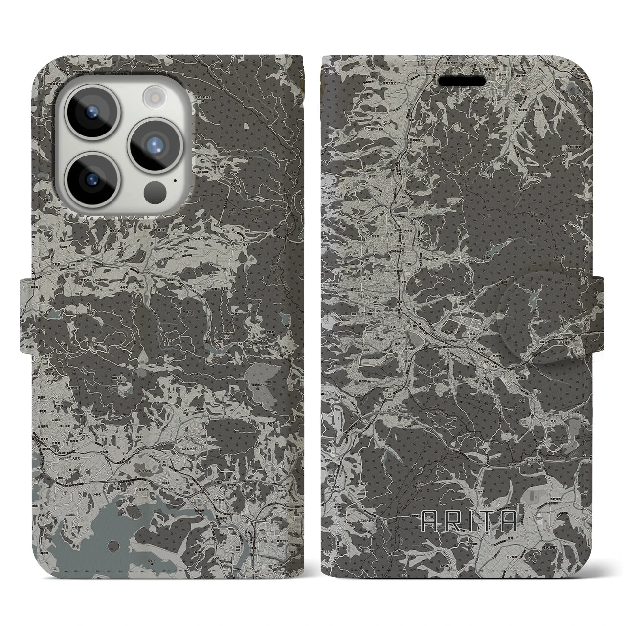 【有田(佐賀県)】地図柄iPhoneケース(手帳タイプ)モノトーン・iPhone 15 Pro 用