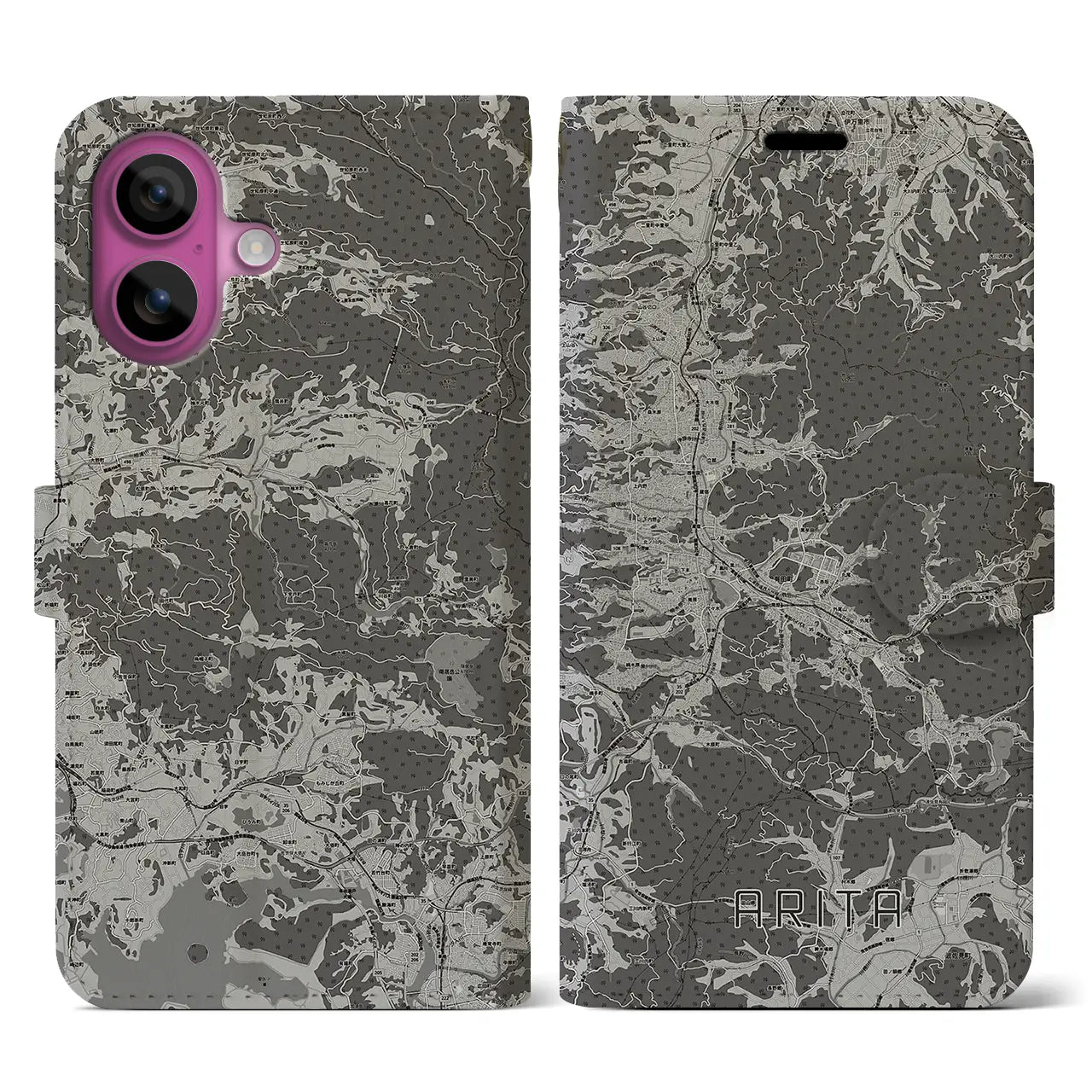 【有田(佐賀県)】地図柄iPhoneケース(手帳タイプ)モノトーン・iPhone 16 Pro 用