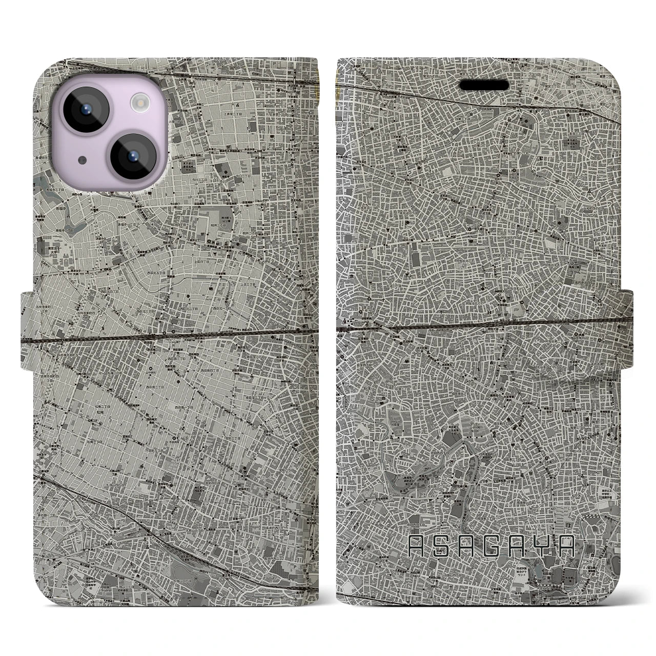 【阿佐ケ谷2(東京都)】地図柄iPhoneケース(手帳タイプ)モノトーン・iPhone 14 用