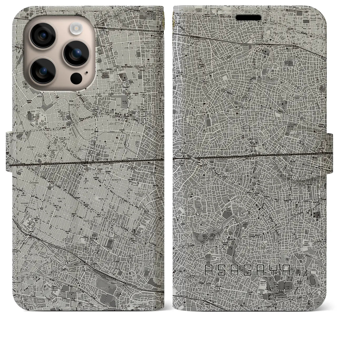 【阿佐ケ谷2(東京都)】地図柄iPhoneケース(手帳タイプ)モノトーン・iPhone 16 Plus 用