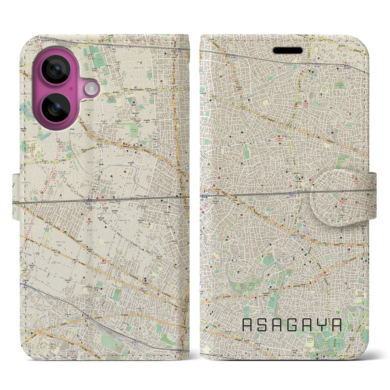 【阿佐ケ谷2(東京都)】地図柄iPhoneケース(手帳タイプ)ナチュラル・iPhone 16 Pro 用