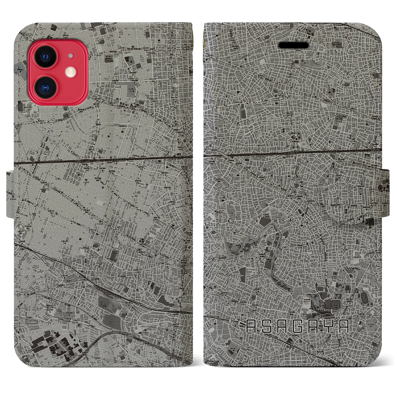 【阿佐ケ谷(東京都)】地図柄iPhoneケース(手帳タイプ)モノトーン・iPhone 11 用