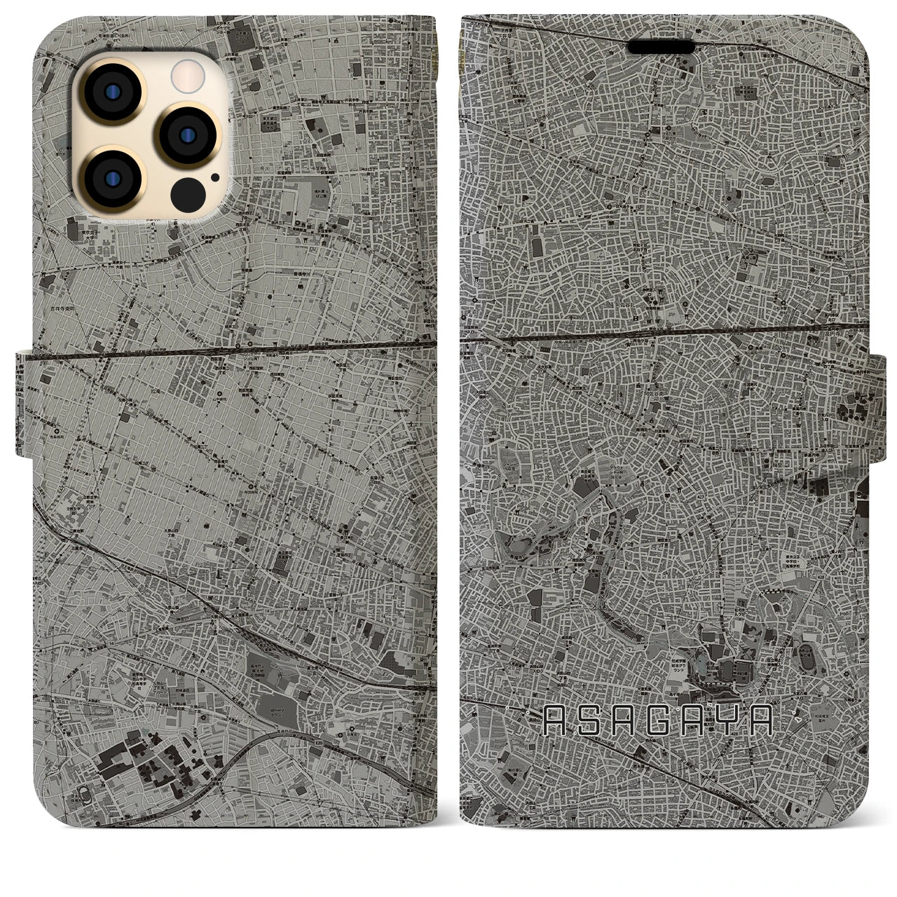 【阿佐ケ谷(東京都)】地図柄iPhoneケース(手帳タイプ)モノトーン・iPhone 12 Pro Max 用