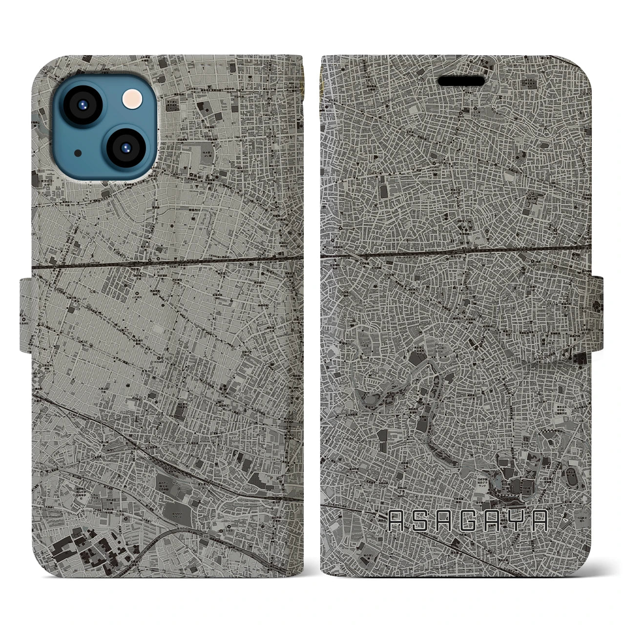 【阿佐ケ谷(東京都)】地図柄iPhoneケース(手帳タイプ)モノトーン・iPhone 13 用