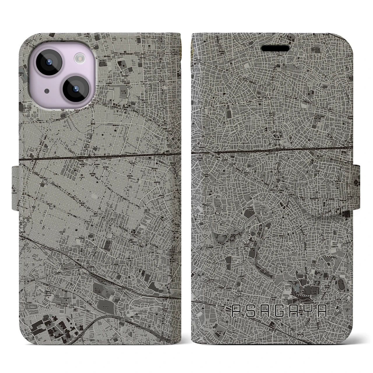 【阿佐ケ谷(東京都)】地図柄iPhoneケース(手帳タイプ)モノトーン・iPhone 14 用