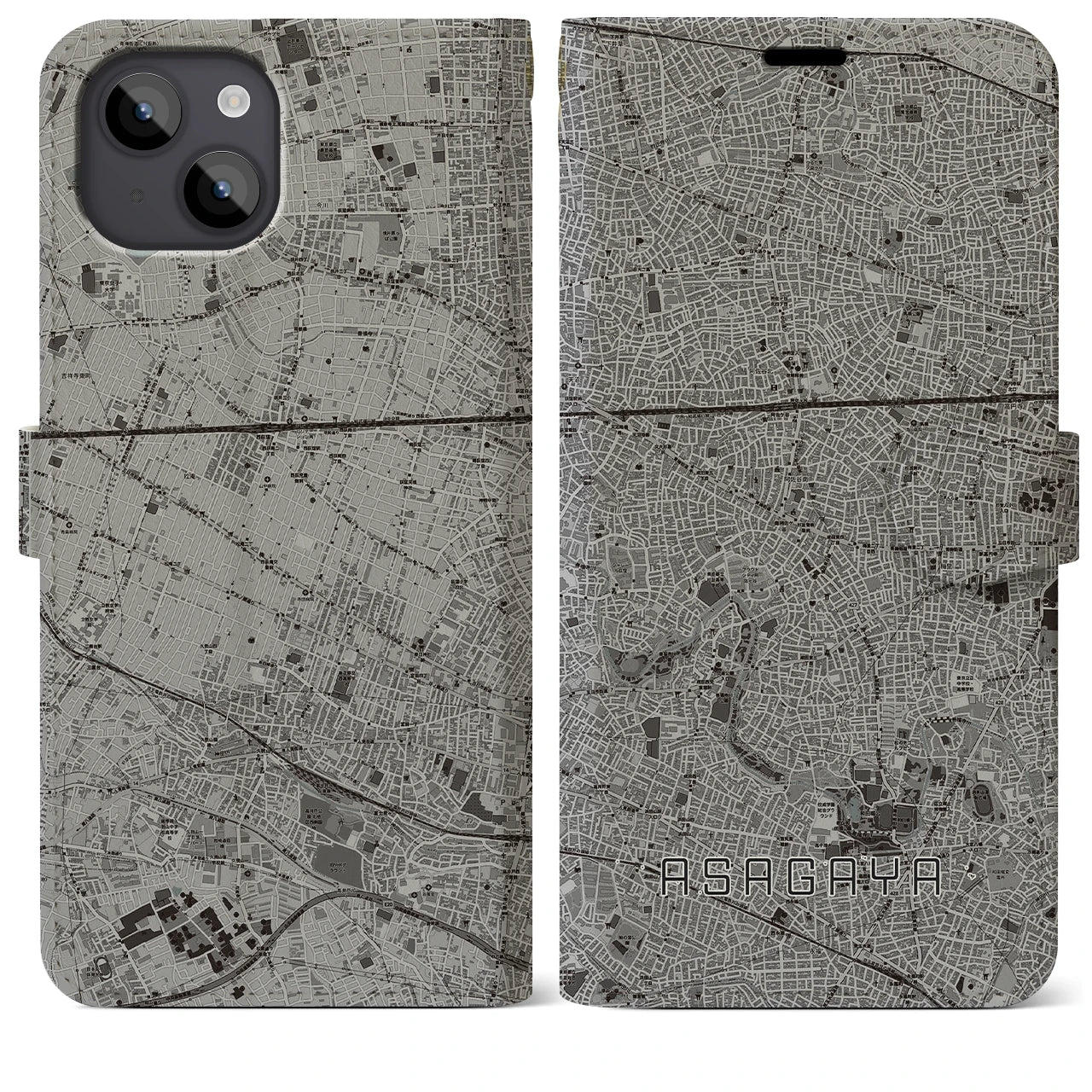 【阿佐ケ谷(東京都)】地図柄iPhoneケース(手帳タイプ)モノトーン・iPhone 14 Plus 用