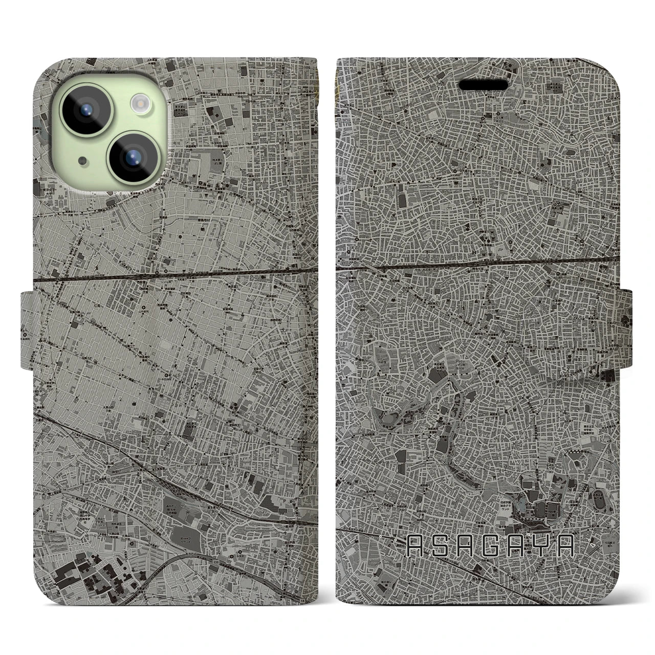 【阿佐ケ谷(東京都)】地図柄iPhoneケース(手帳タイプ)モノトーン・iPhone 15 用