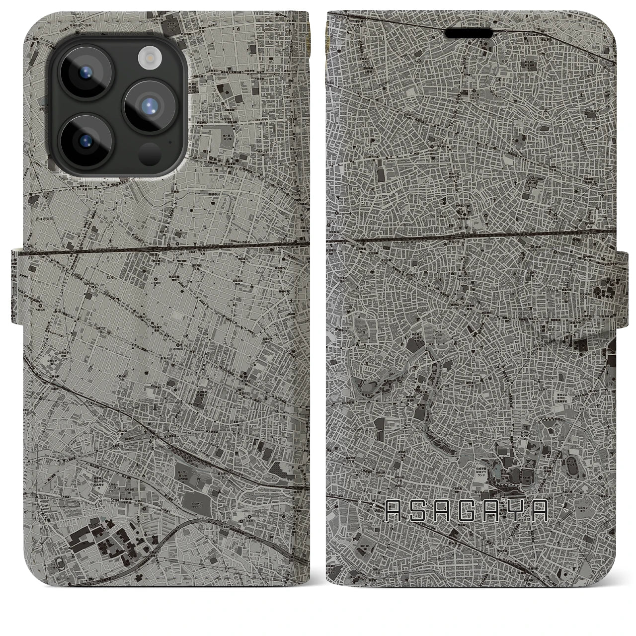 【阿佐ケ谷(東京都)】地図柄iPhoneケース(手帳タイプ)モノトーン・iPhone 15 Pro Max 用