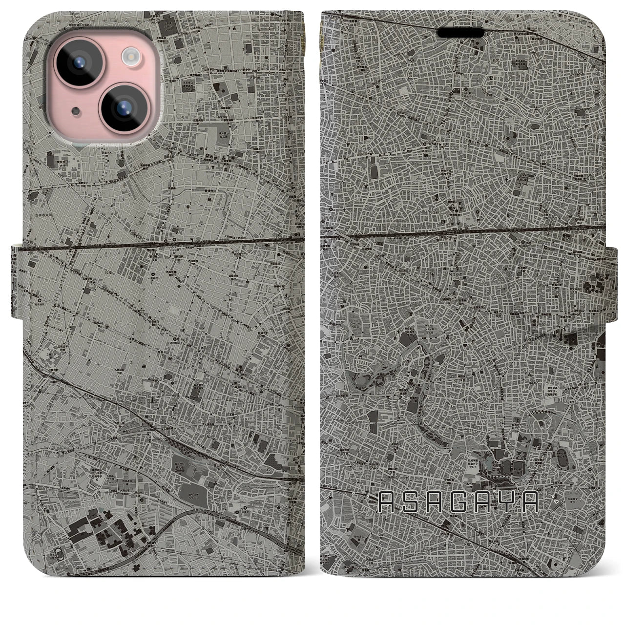【阿佐ケ谷(東京都)】地図柄iPhoneケース(手帳タイプ)モノトーン・iPhone 15 Plus 用
