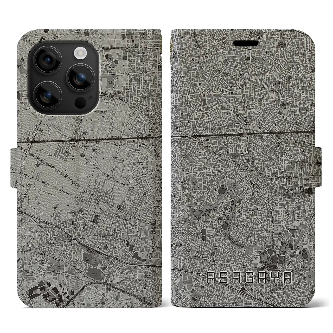【阿佐ケ谷(東京都)】地図柄iPhoneケース(手帳タイプ)モノトーン・iPhone 16 用
