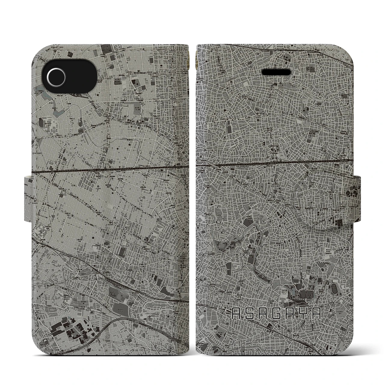 【阿佐ケ谷(東京都)】地図柄iPhoneケース(手帳タイプ)モノトーン・iPhone SE(第3 / 第2世代) / 8 / 7 / 6s / 6 用
