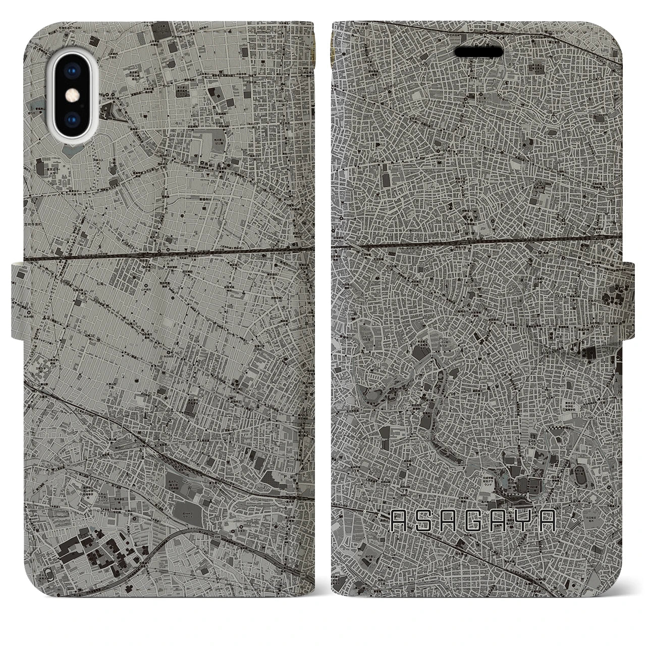 【阿佐ケ谷(東京都)】地図柄iPhoneケース(手帳タイプ)モノトーン・iPhone XS Max 用