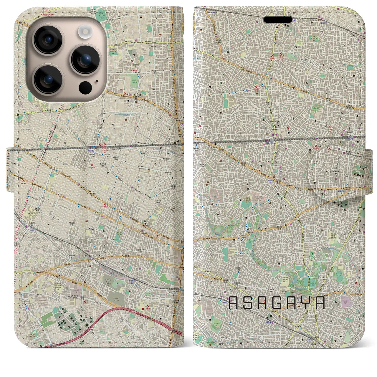 【阿佐ケ谷(東京都)】地図柄iPhoneケース(手帳タイプ)ナチュラル・iPhone 16 Plus 用