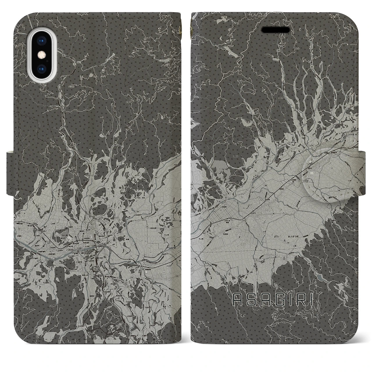 【あさぎり(熊本県)】地図柄iPhoneケース(手帳タイプ)モノトーン・iPhone XS Max 用