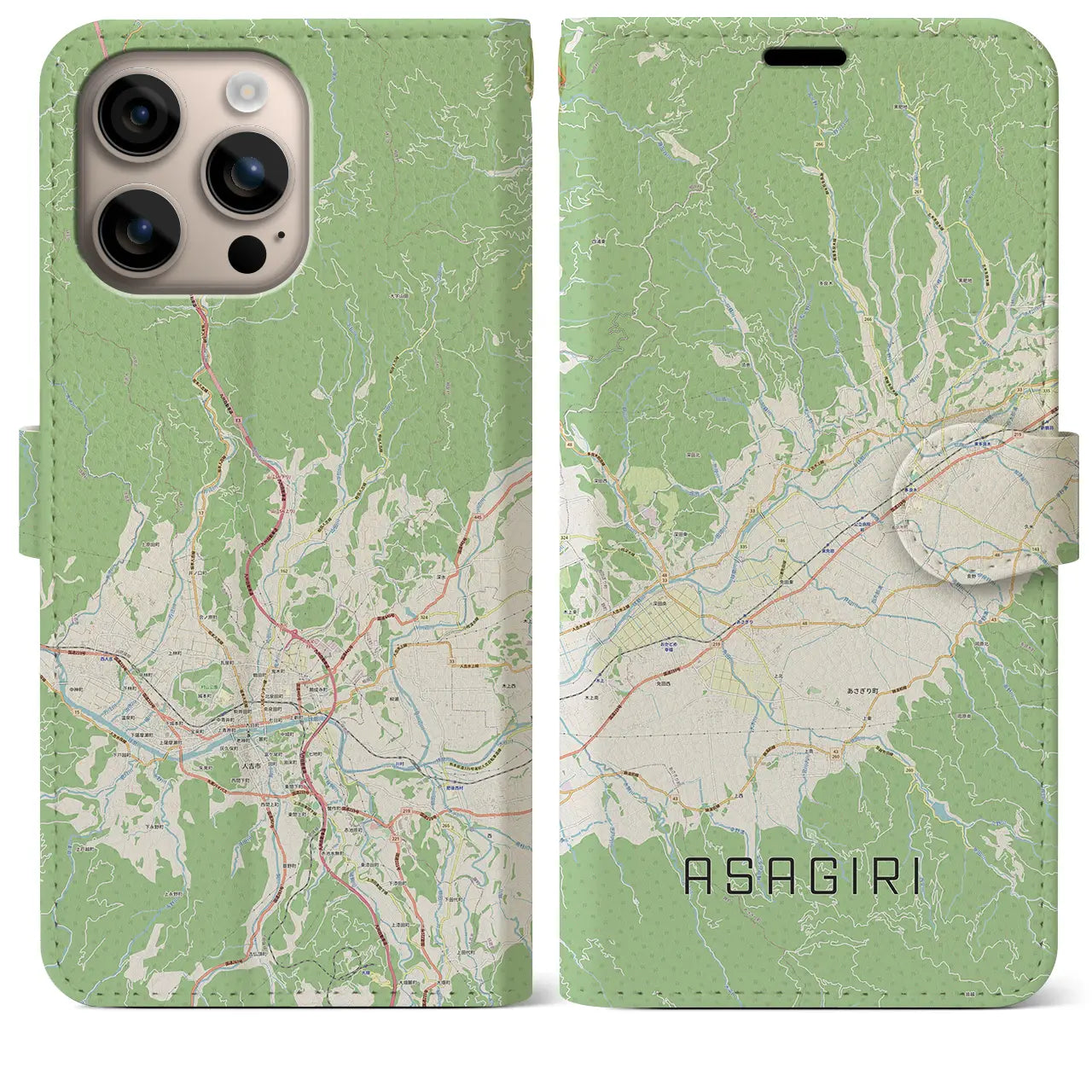 【あさぎり(熊本県)】地図柄iPhoneケース(手帳タイプ)ナチュラル・iPhone 16 Plus 用