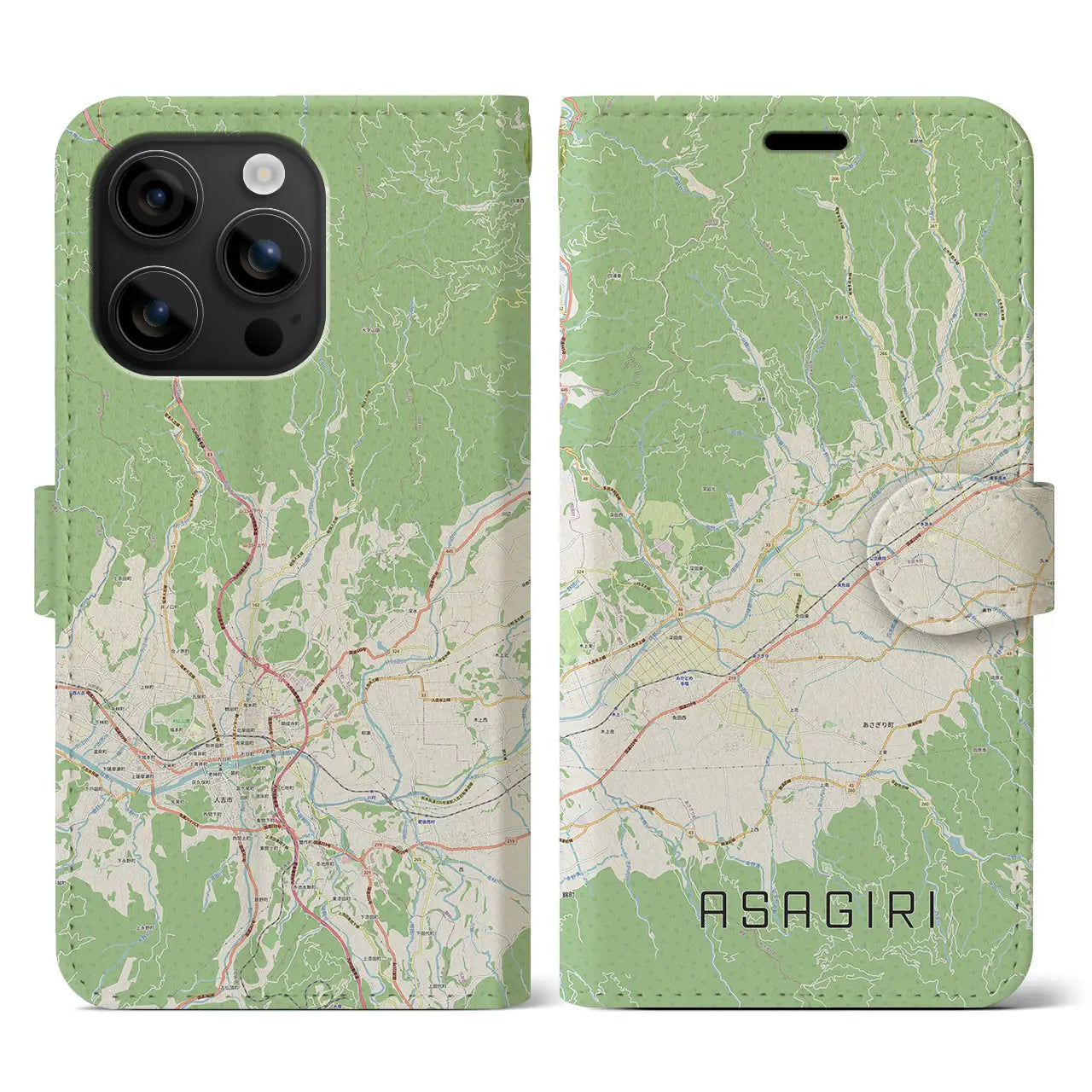 【あさぎり(熊本県)】地図柄iPhoneケース(手帳タイプ)ナチュラル・iPhone 16 用