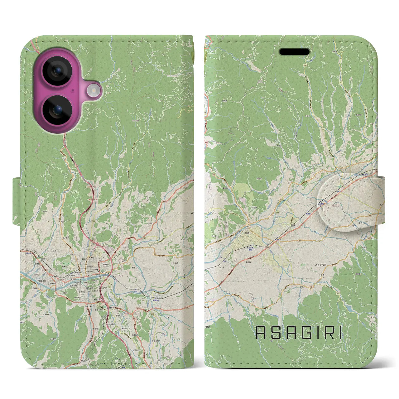 【あさぎり(熊本県)】地図柄iPhoneケース(手帳タイプ)ナチュラル・iPhone 16 Pro 用