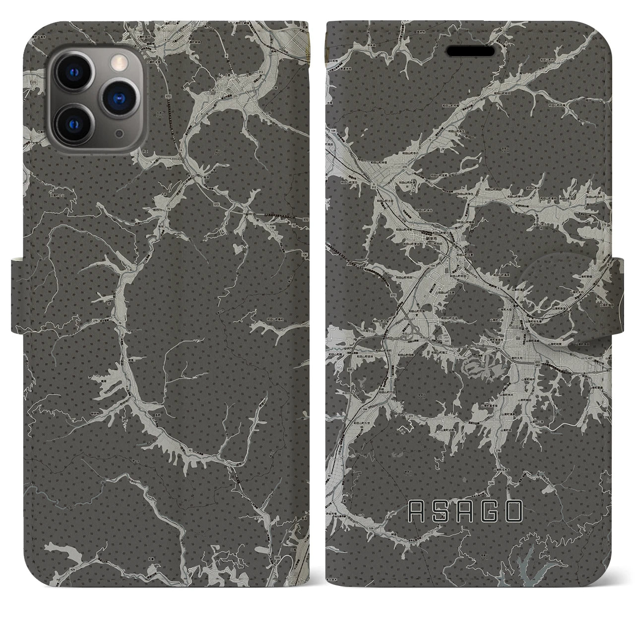 【朝来(兵庫県)】地図柄iPhoneケース(手帳タイプ)モノトーン・iPhone 11 Pro Max 用