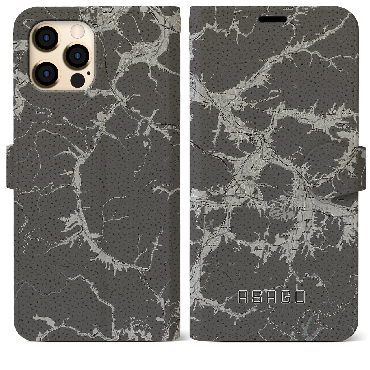 【朝来(兵庫県)】地図柄iPhoneケース(手帳タイプ)モノトーン・iPhone 12 Pro Max 用