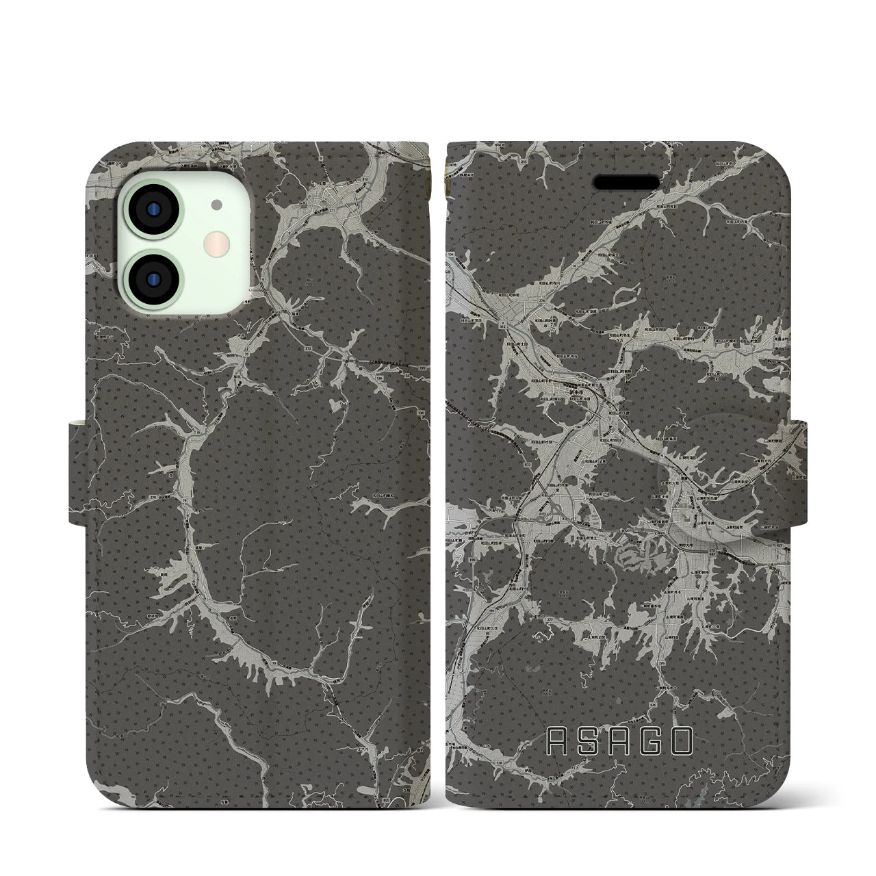 【朝来(兵庫県)】地図柄iPhoneケース(手帳タイプ)モノトーン・iPhone 12 mini 用