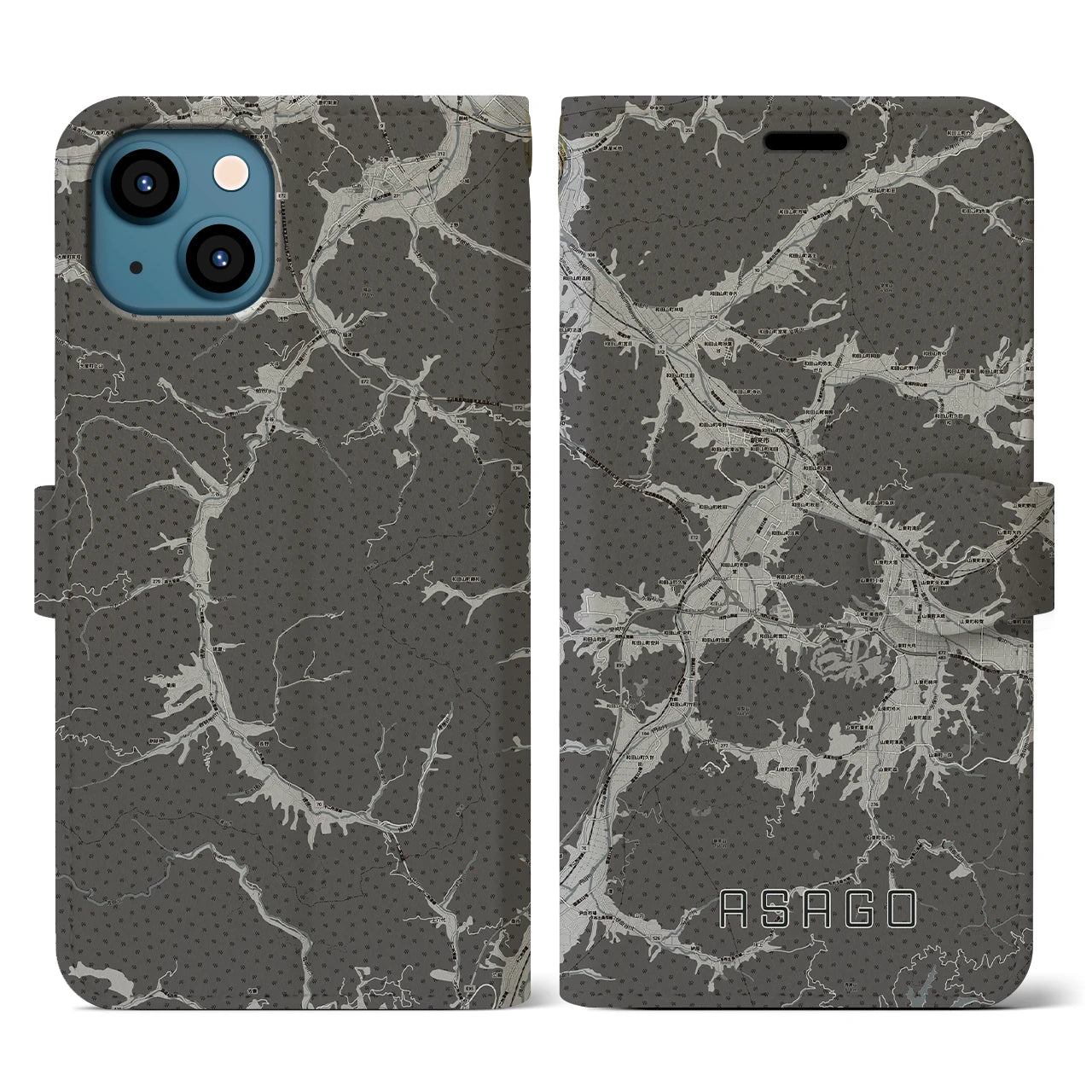 【朝来(兵庫県)】地図柄iPhoneケース(手帳タイプ)モノトーン・iPhone 13 用