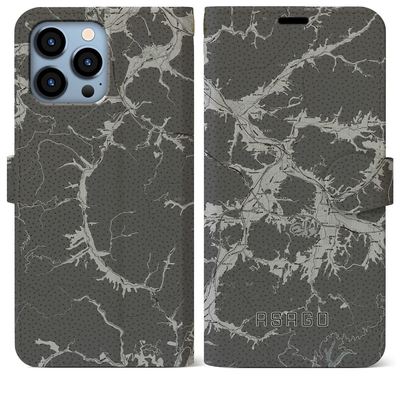 【朝来(兵庫県)】地図柄iPhoneケース(手帳タイプ)モノトーン・iPhone 13 Pro Max 用