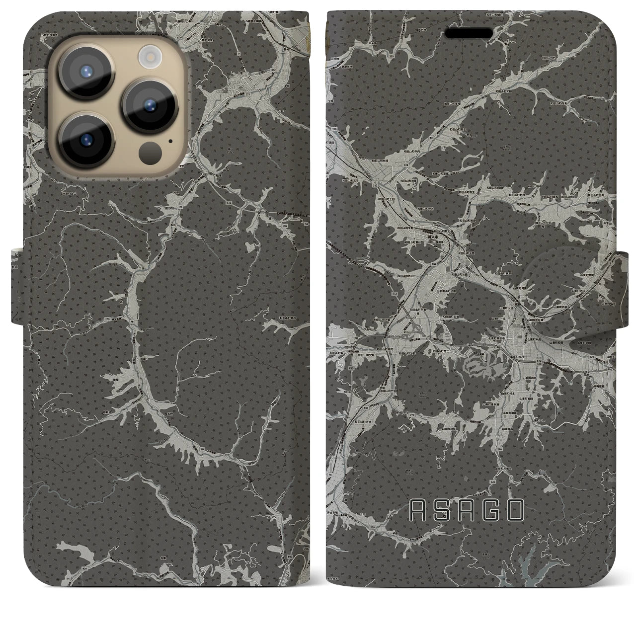 【朝来(兵庫県)】地図柄iPhoneケース(手帳タイプ)モノトーン・iPhone 14 Pro Max 用