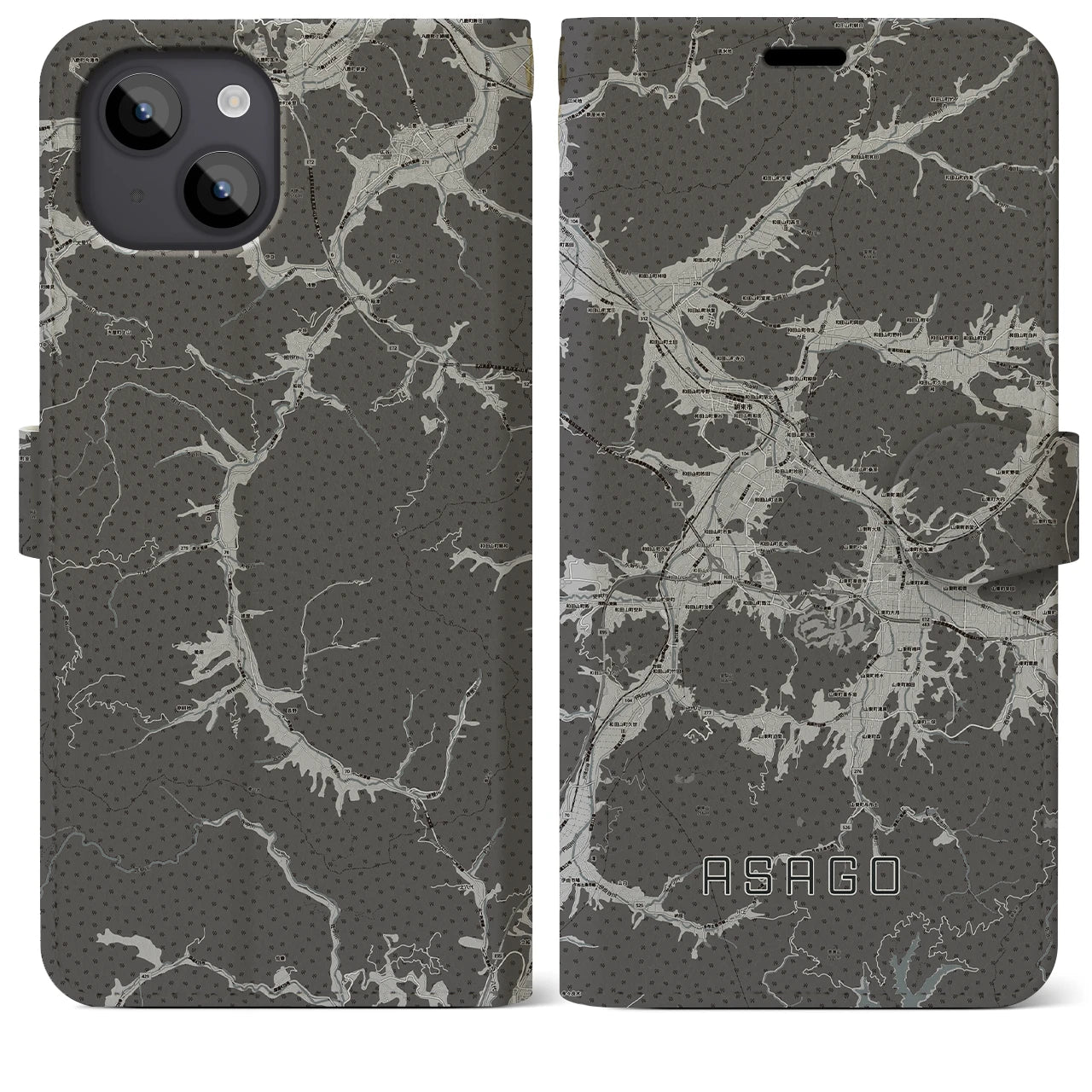 【朝来(兵庫県)】地図柄iPhoneケース(手帳タイプ)モノトーン・iPhone 14 Plus 用