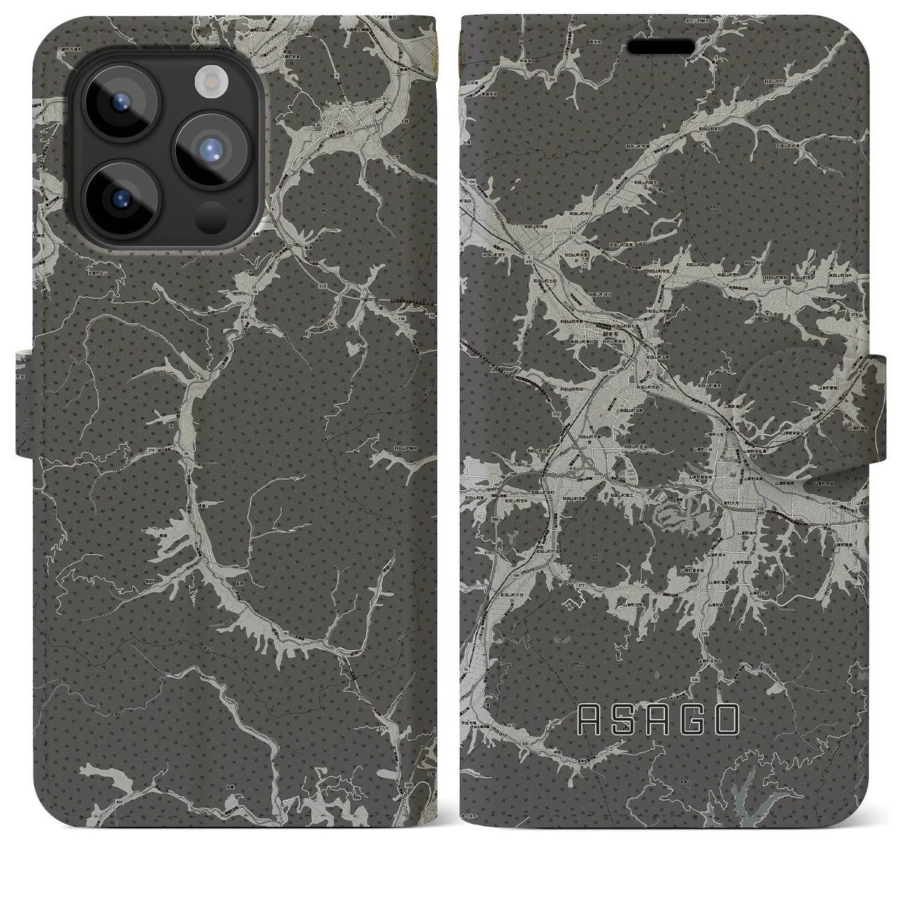 【朝来(兵庫県)】地図柄iPhoneケース(手帳タイプ)モノトーン・iPhone 15 Pro Max 用