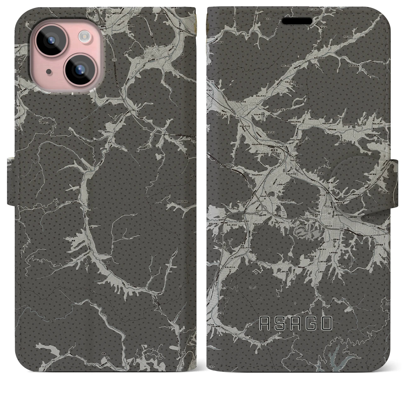 【朝来(兵庫県)】地図柄iPhoneケース(手帳タイプ)モノトーン・iPhone 15 Plus 用
