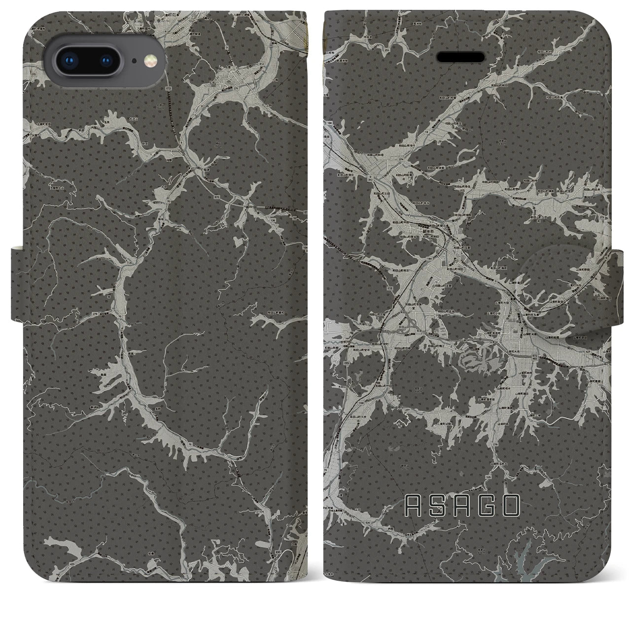【朝来(兵庫県)】地図柄iPhoneケース(手帳タイプ)モノトーン・iPhone 8Plus /7Plus / 6sPlus / 6Plus 用
