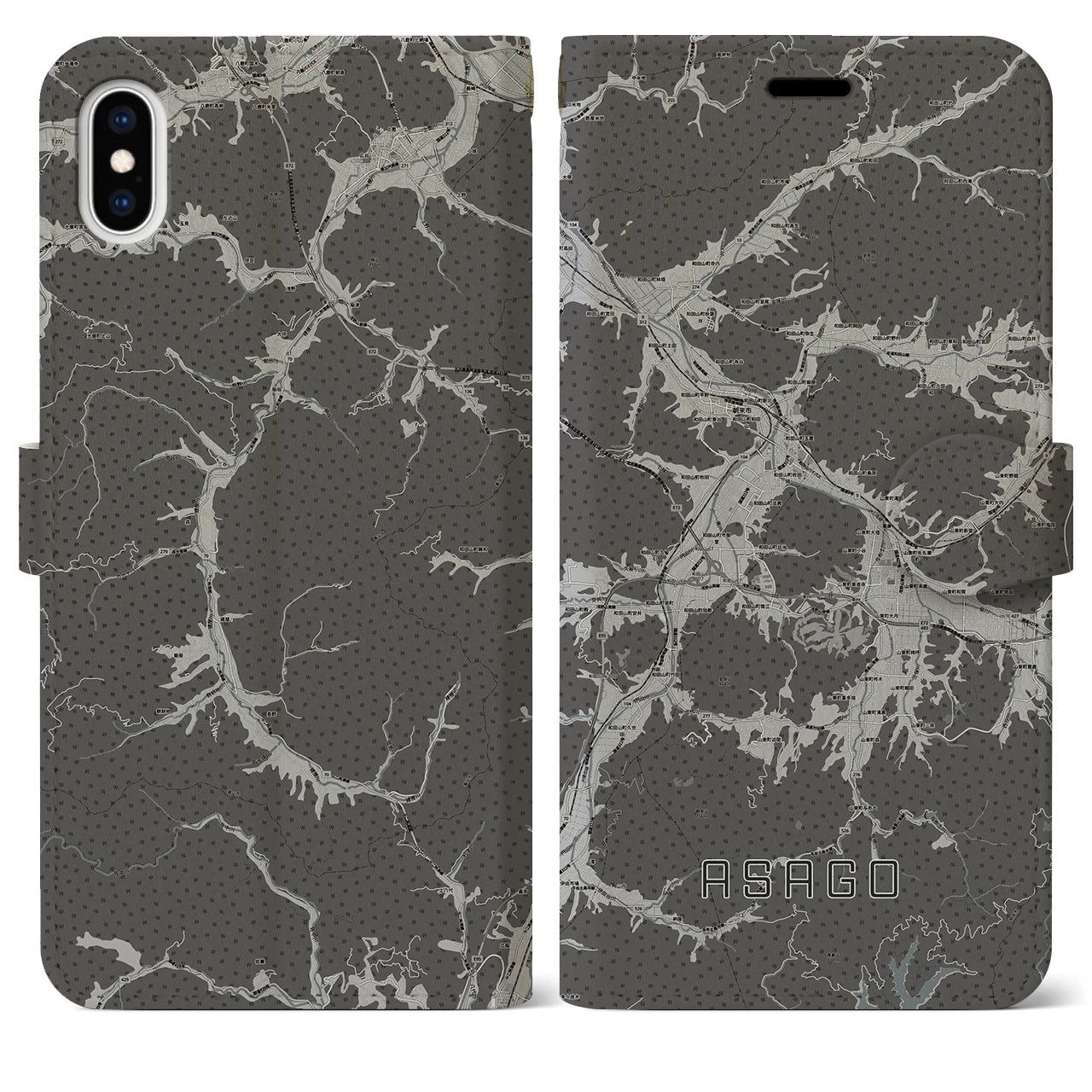 【朝来(兵庫県)】地図柄iPhoneケース(手帳タイプ)モノトーン・iPhone XS Max 用