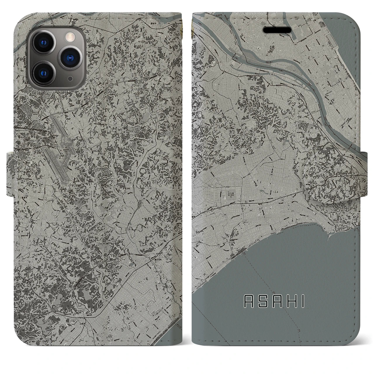 【旭(千葉県)】地図柄iPhoneケース(手帳タイプ)モノトーン・iPhone 11 Pro Max 用