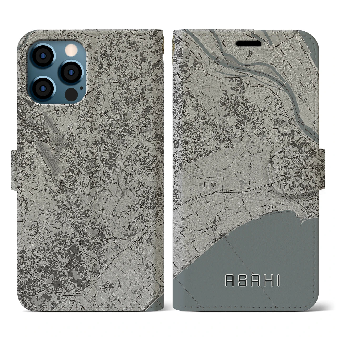 【旭(千葉県)】地図柄iPhoneケース(手帳タイプ)モノトーン・iPhone 12 / 12 Pro 用