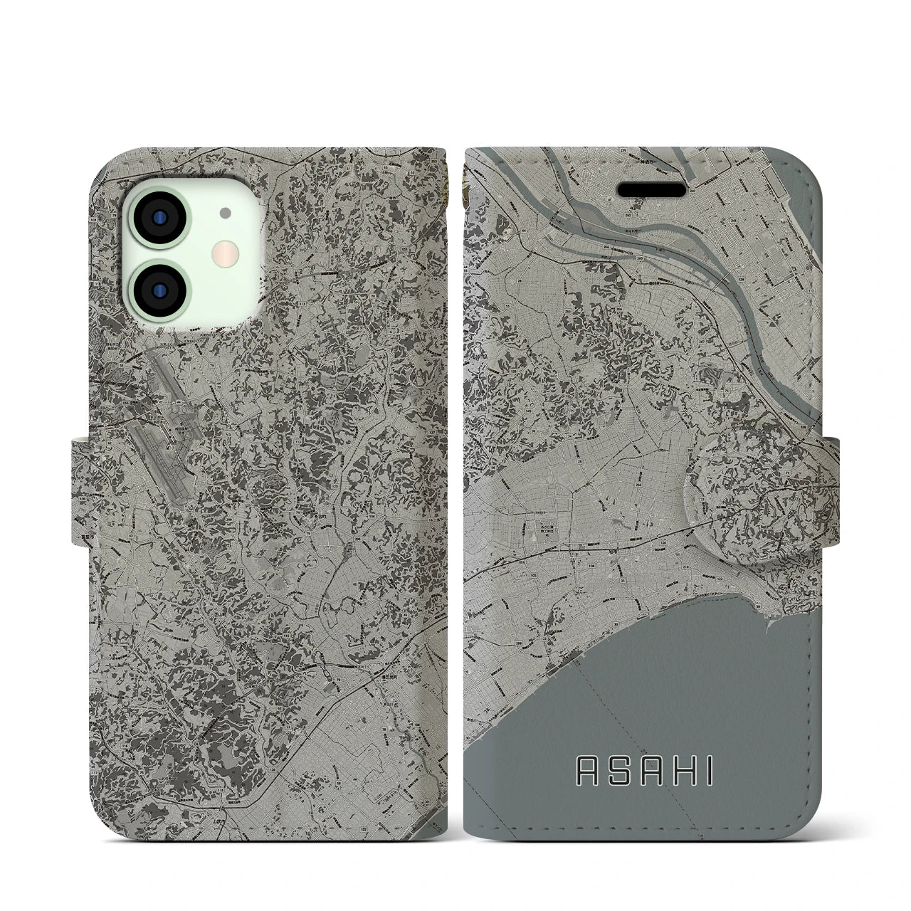 【旭(千葉県)】地図柄iPhoneケース(手帳タイプ)モノトーン・iPhone 12 mini 用